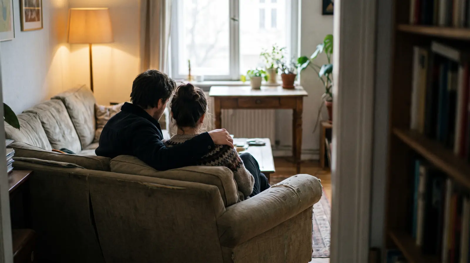 Two people sitting close on a sofa, one arm around the other's shoulders, seen from behind