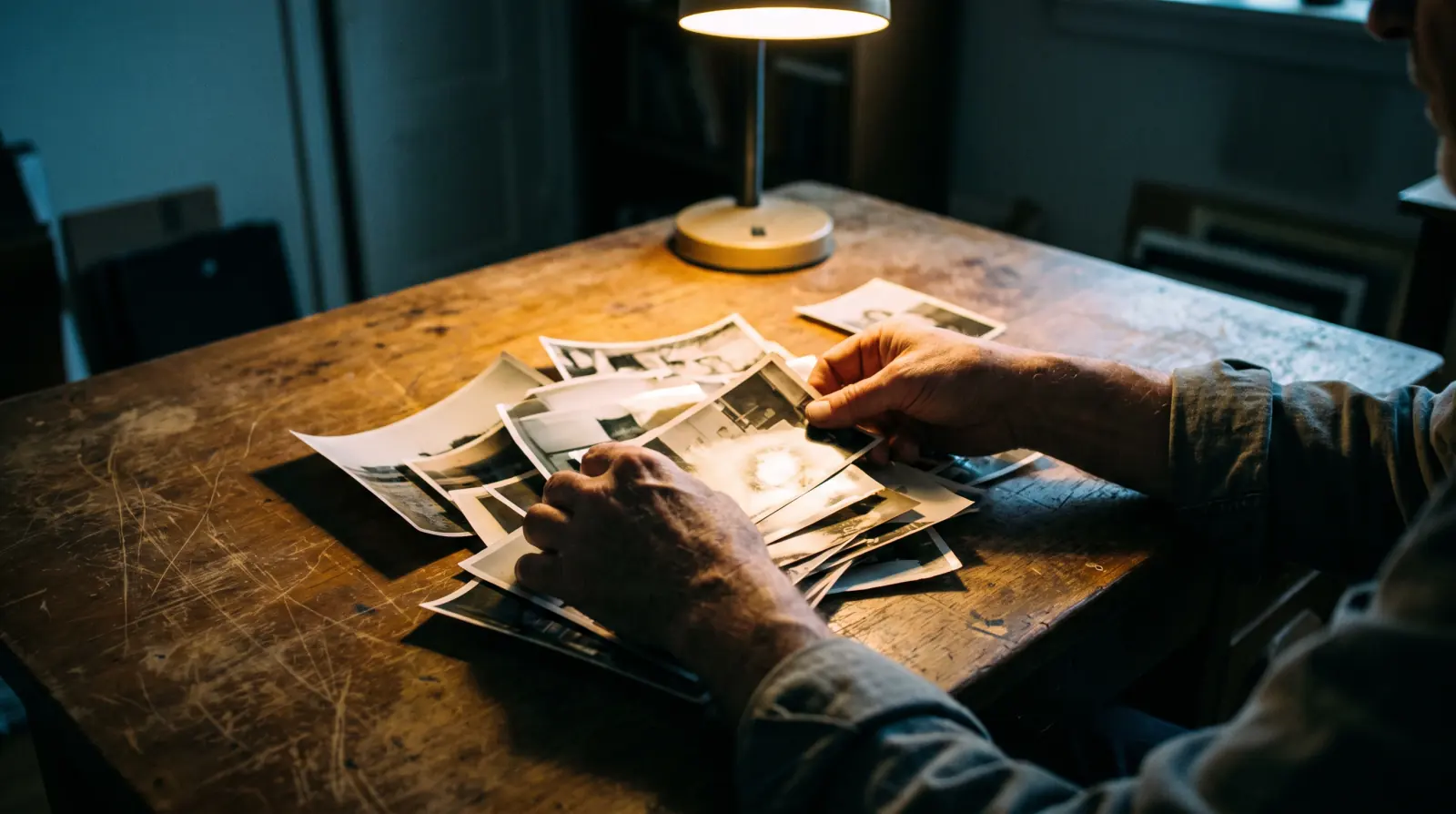 Two hands sorting printed photographs across a work table under a desk lamp
