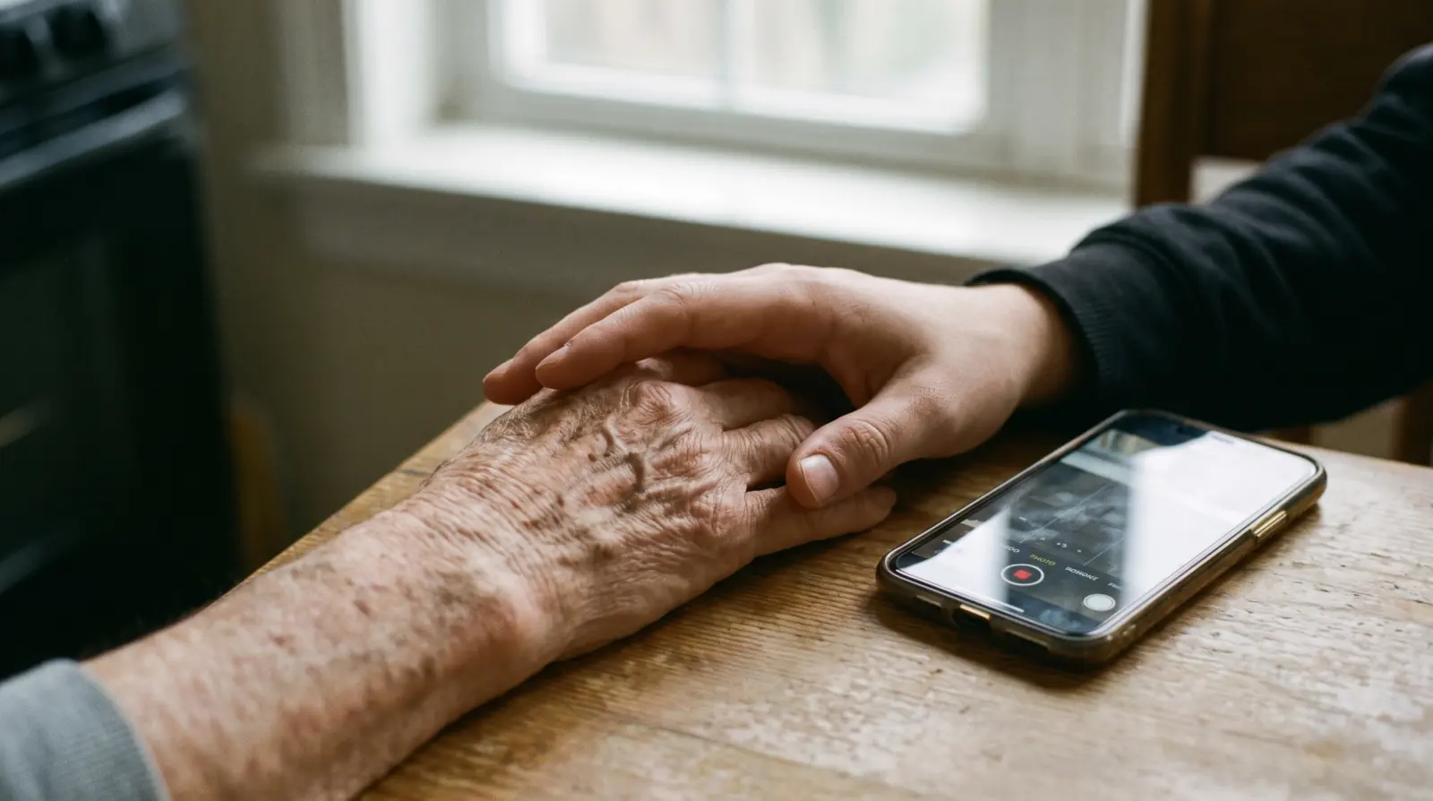 A younger hand resting over an older hand on a kitchen table, a phone recording beside them