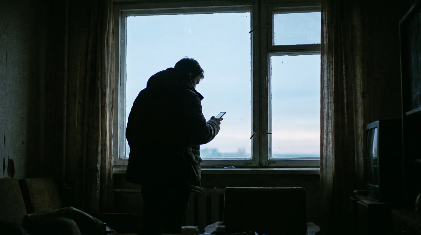 A person standing at a window at first light holding a phone, seen from behind