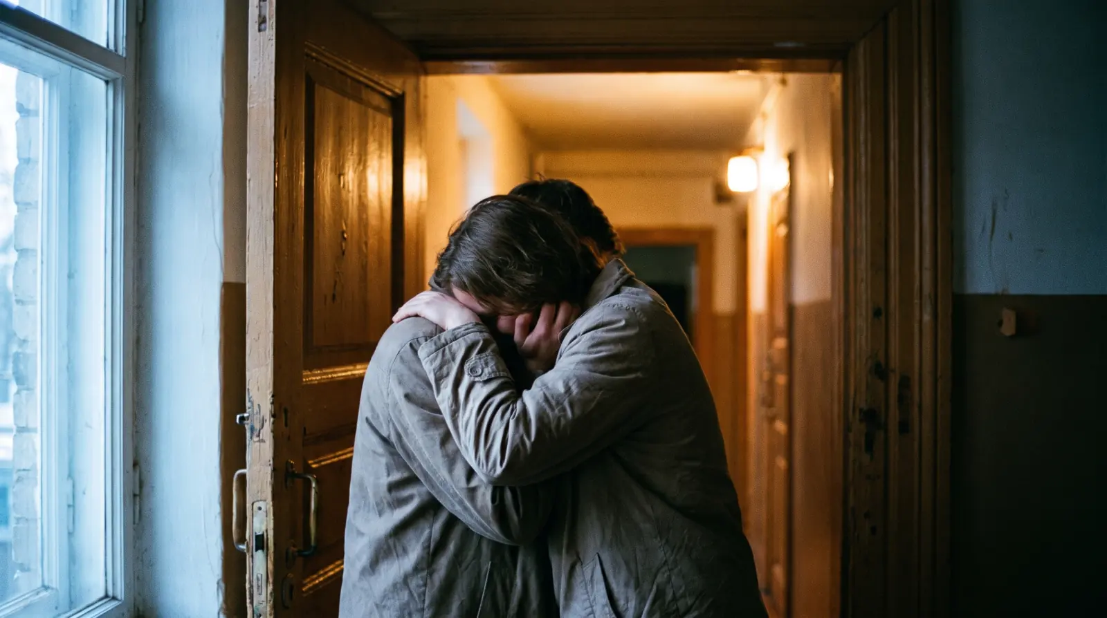 Two people embracing in a doorway, faces hidden against each other's shoulders